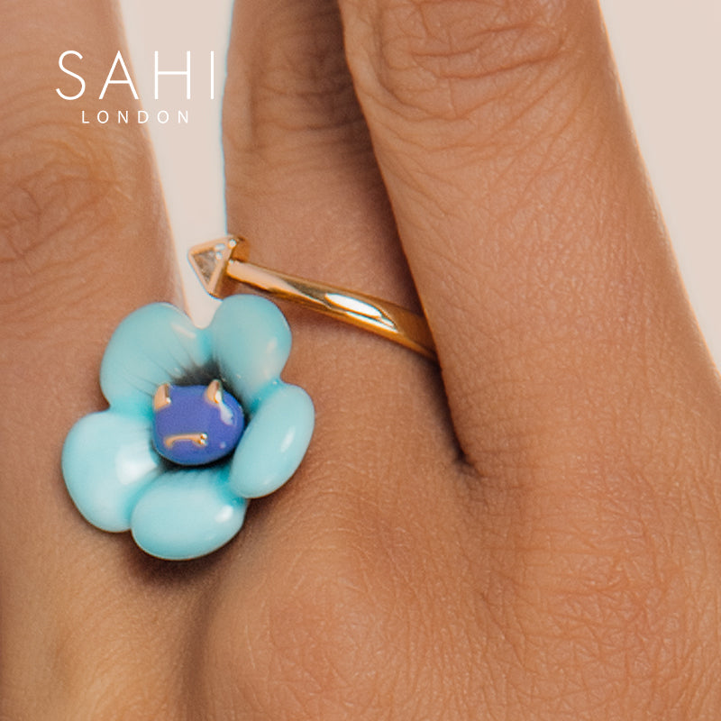 Monster Blue Flower Enamel Adjustable Ring